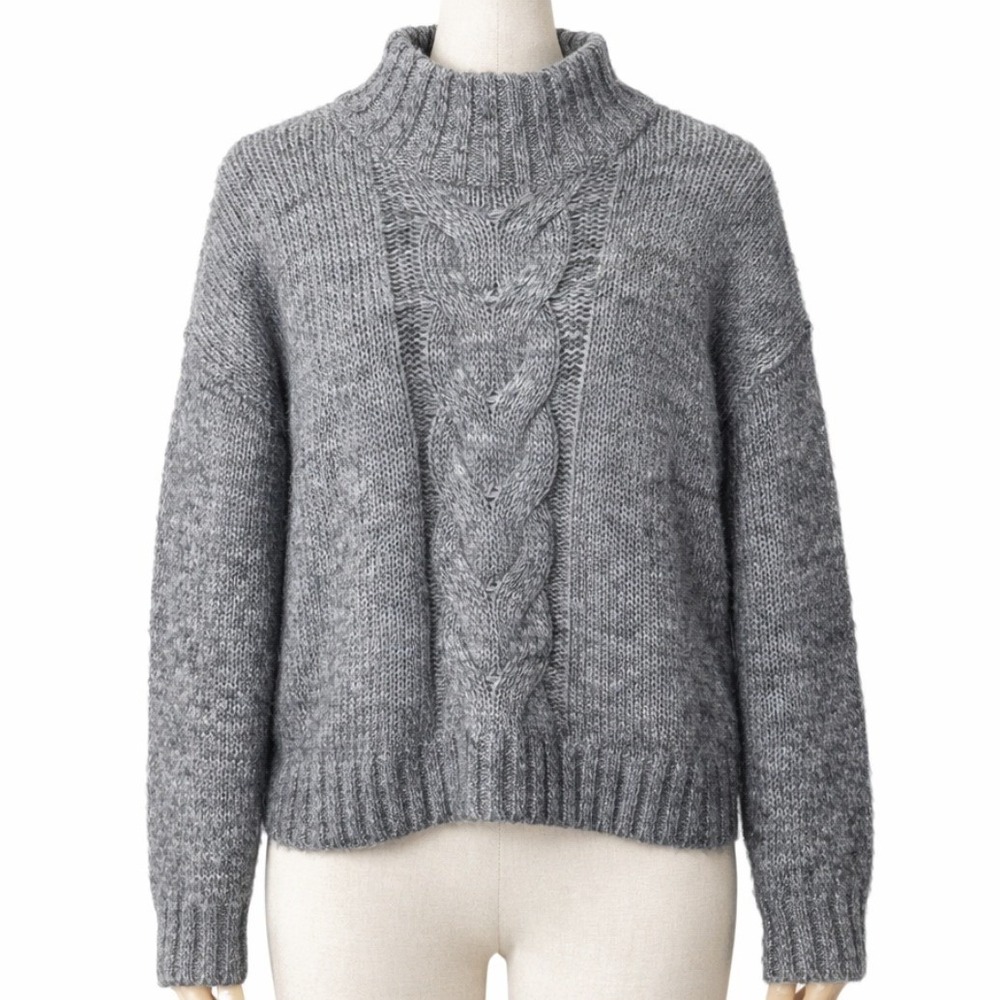 EMORY PARK Women's Grey Cable Knit Mock Neck Pullover Textured Sweater Size L‎
